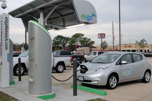 Nissan Leaf in a charging station.