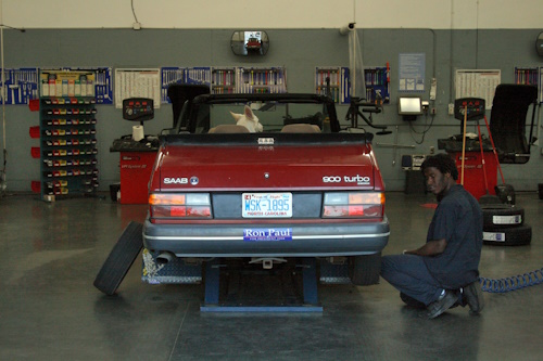 Saab 900 Turbo in a repair shop.